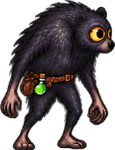Mordecai on Floor 2: a black-furred Bugaboo with owl-like eyes and thin limbs