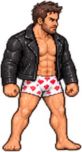 Carl: barefoot, leather jacket, heart-pattern boxers