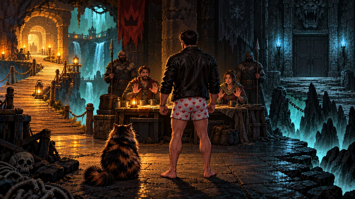 Carl and Donut face two diverging routes in the dungeon