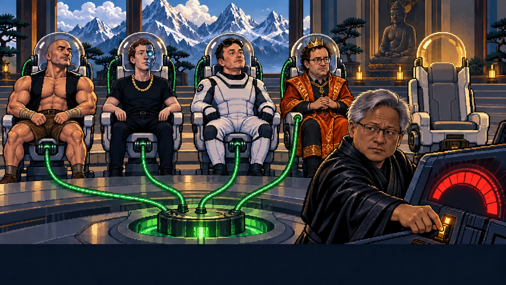 Jensen Huang connects the founders to the simulation in his mountain temple