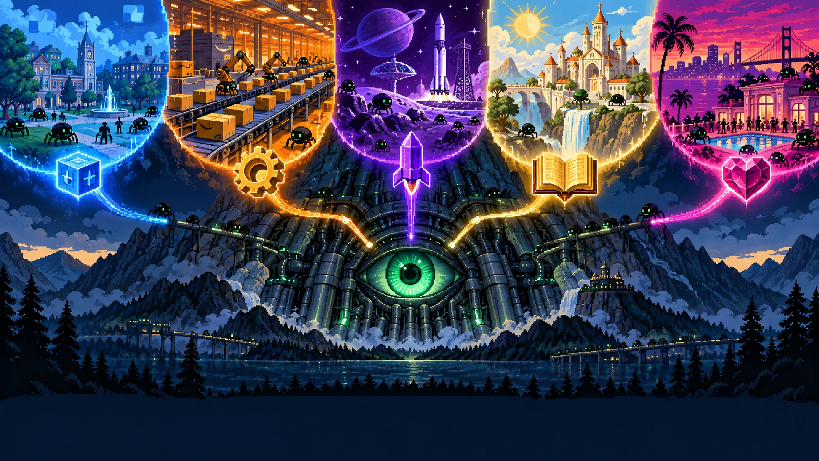 Five founder keys connected to the machine beneath the mountain