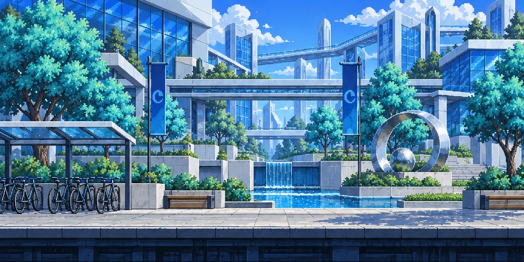 The lush, futuristic Meta headquarters from the game's first chapter